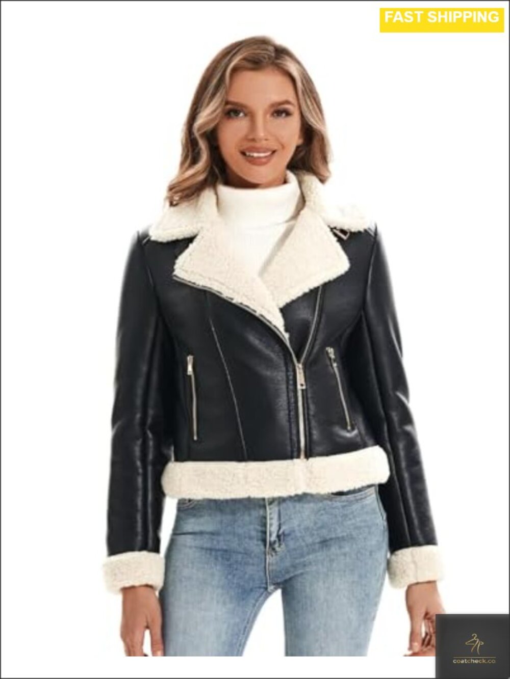 Faux Leather Faux Fur Sherpa Lined Moto Jacket Cropped Winter Coat